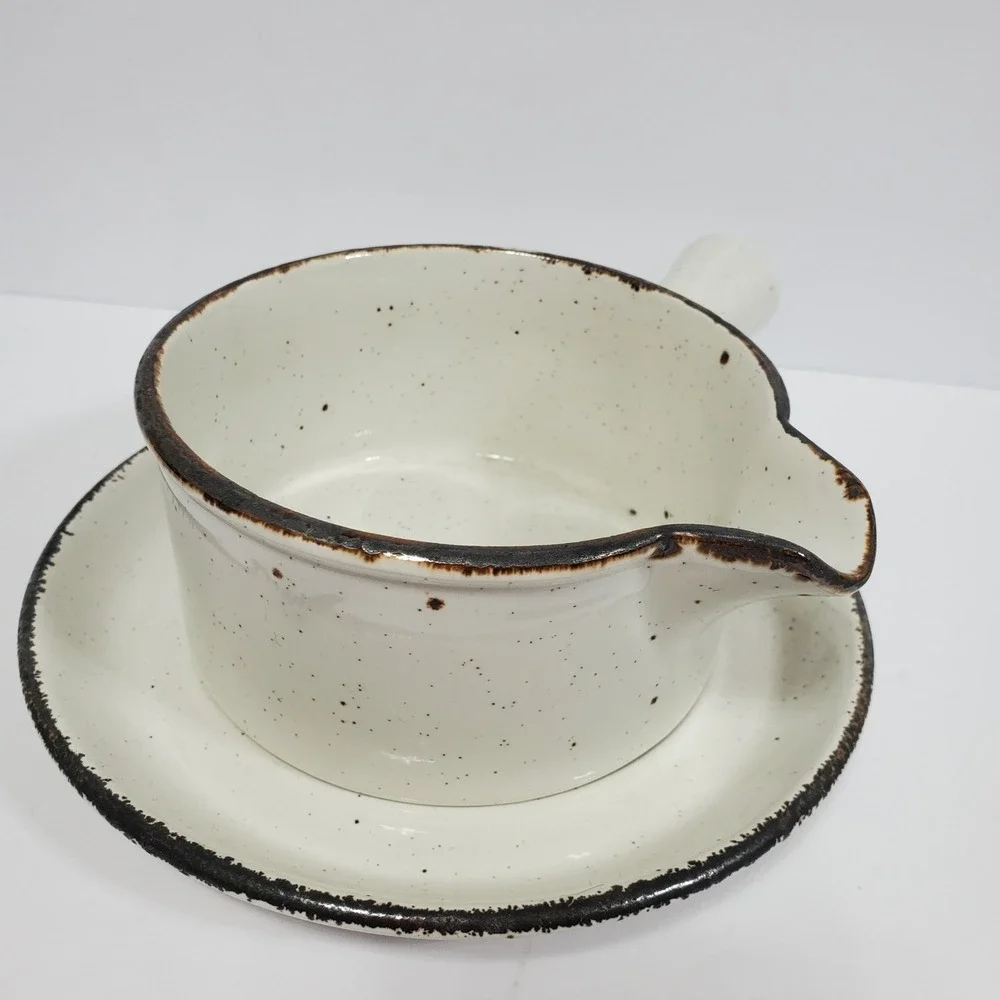 Midwinter Stonehenge Gravy Boat Cup & Saucer Set of 2 Cream Speckled Brown Trim